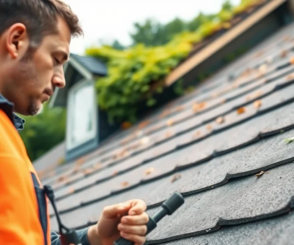 Diagnosing spray foam roof problems with an expert on a residential rooftop.