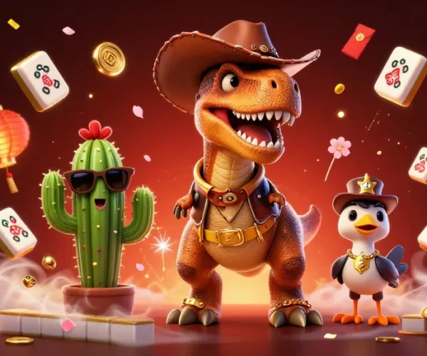 Spin to win at tg88 com with a T-Rex cowboy in this vibrant casino scene.