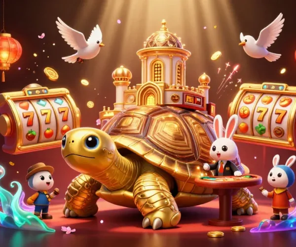 Nổ hũ thần tài b52 showcases a golden tortoise casino, rabbit dealer, and flying coins in an exciting digital illustration.