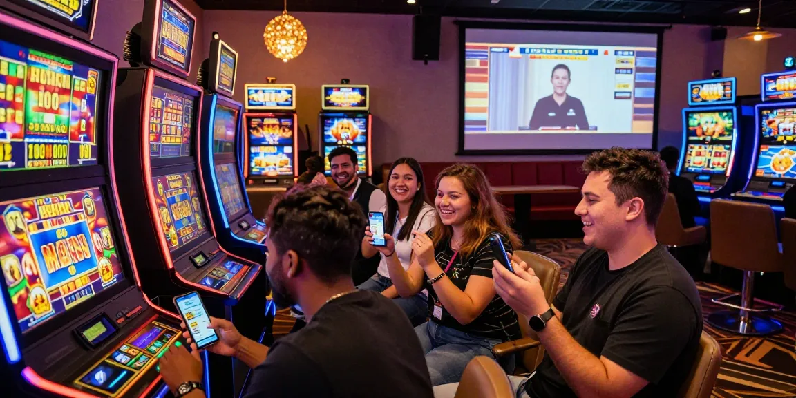 Exciting slot88 casino gaming scene with diverse players celebrating wins at dynamic machines and engaging with live action.