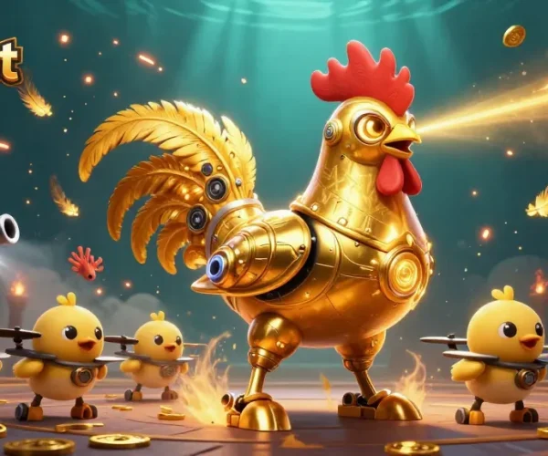 Experience thrilling 789bet action with a golden rooster robot and baby chick drones in an immersive gaming arena.