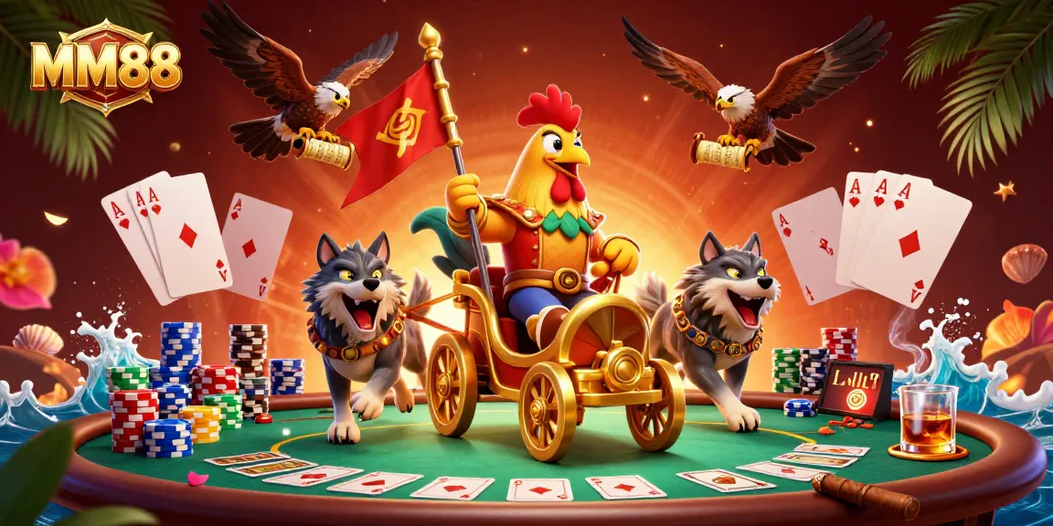 Experience the thrill of MM88 gaming with a rooster warlord and poker elements in a vibrant scene.