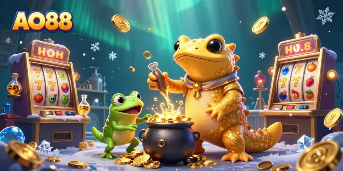 A stunning AO88 illustration depicting a golden salamander alchemist and frog apprentice in a vibrant casino setting.
